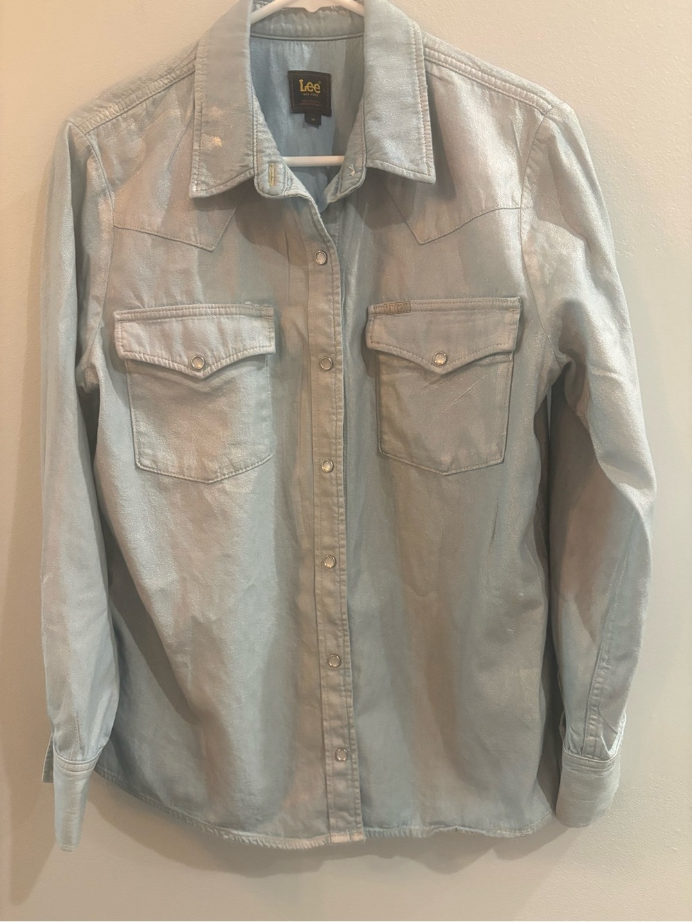 Lee Denim Blouse Womens Med Western Rodeo Pearl Snap Boho Shimmer Glam Festival